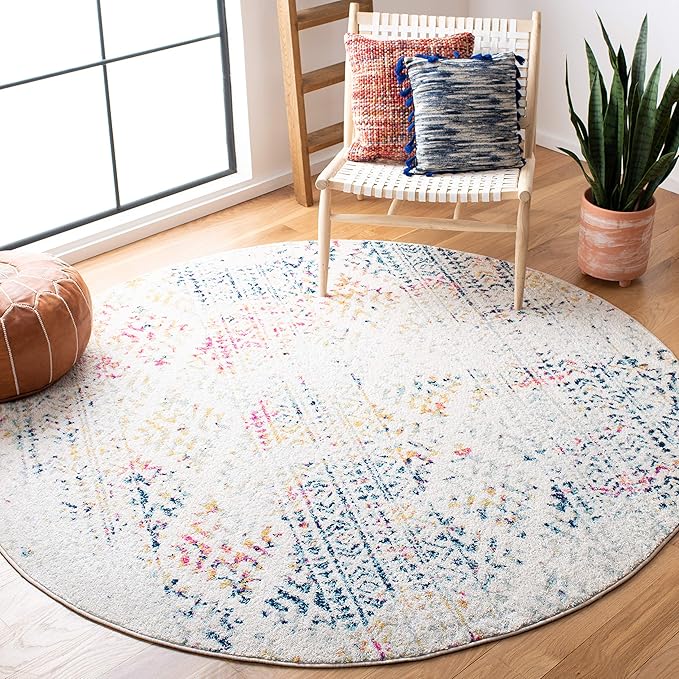 SAFAVIEH Tulum Collection Area Rug - 8' Round, Ivory & Blue, Moroccan Boho Tribal Design, Non-Shedding & Easy to Clean, Ideal for Living Room, Bedroom, Dining Space (TUL272C)
