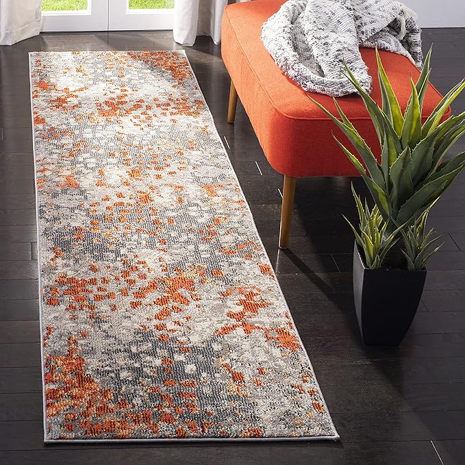 SAFAVIEH Monaco Collection Runner Rug - 2'2" x 16', Grey & Orange, Boho Chic Abstract Watercolor Design, Non-Shedding & Easy Care, Ideal for High Traffic Areas in Living Room, Bedroom (MNC225H)