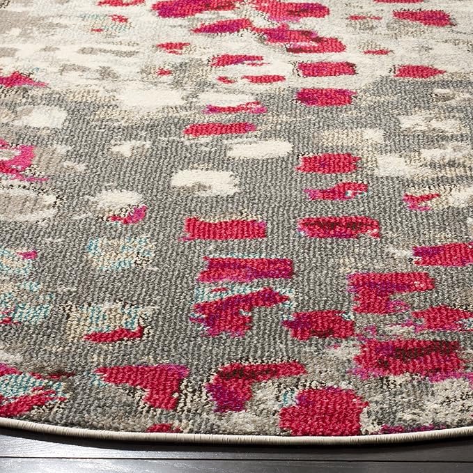 SAFAVIEH Monaco Collection Area Rug - 6'7" Round, Grey & Fuchsia, Boho Chic Abstract Watercolor Design, Non-Shedding & Easy Care, Ideal for High Traffic Areas in Living Room, Bedroom (MNC225R)