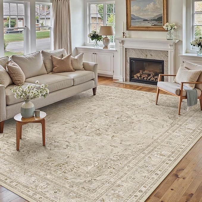 Brown 6x9 Area Rug Washable Vintage Carpet for Living Room Bedroom Large Soft Retro Floral Low Pile Thin Indoor Rug Non Slip Central Medallion Floor Cover for Dining Room Office
