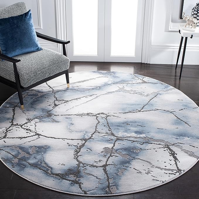 SAFAVIEH Craft Collection Area Rug - 9' Round, Grey & Blue, Modern Abstract Design, Non-Shedding & Easy Care, Ideal for High Traffic Areas in Living Room, Bedroom (CFT877L)