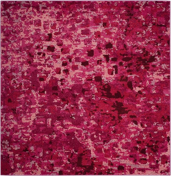 SAFAVIEH Monaco Collection Area Rug - 6'7" Square, Fuchsia, Boho Chic Abstract Watercolor Design, Non-Shedding & Easy Care, Ideal for High Traffic Areas in Living Room, Bedroom (MNC225F)