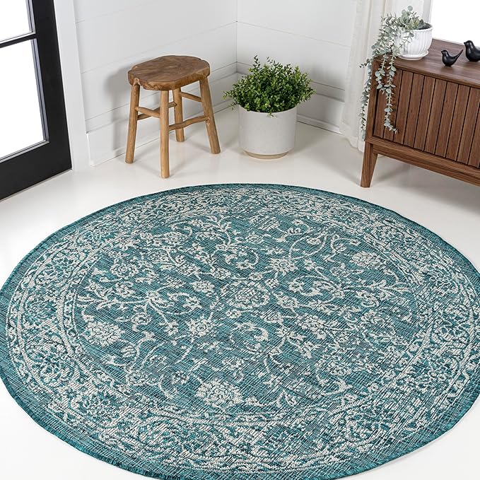 JONATHAN Y Weave Floral Indoor Outdoor Round Area Rug 5 Ft Teal/Gray, Tela Bohemian Textured for Backyard, Patio, Porch, Easy-Cleaning, High Traffic, Pet-Friendly, Non-Shedding (SMB100C-5R)
