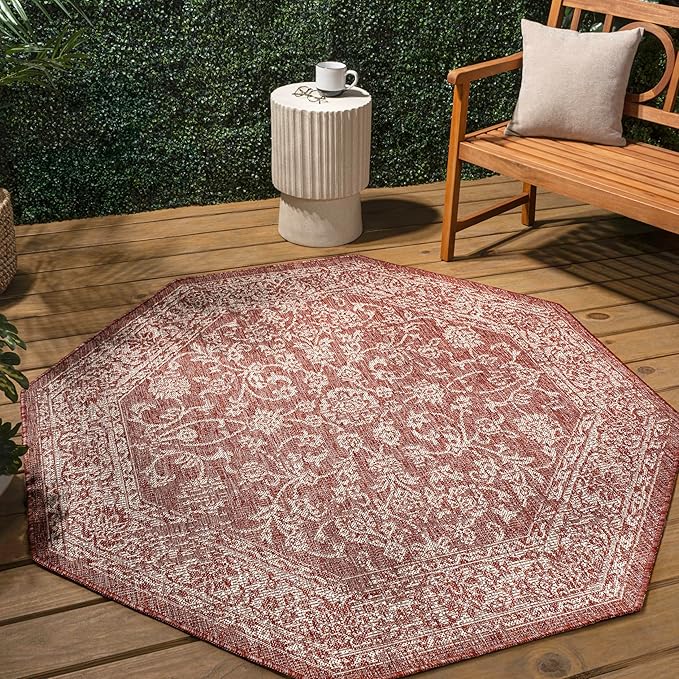 JONATHAN Y Weave Floral Indoor Outdoor Octagon Area Rug 8 Ft Red/Taupe, Tela Bohemian Textured for Backyard, Patio, Porch, Easy-Cleaning, High Traffic, Pet-Friendly, Non-Shedding (SMB100A-8TGN)