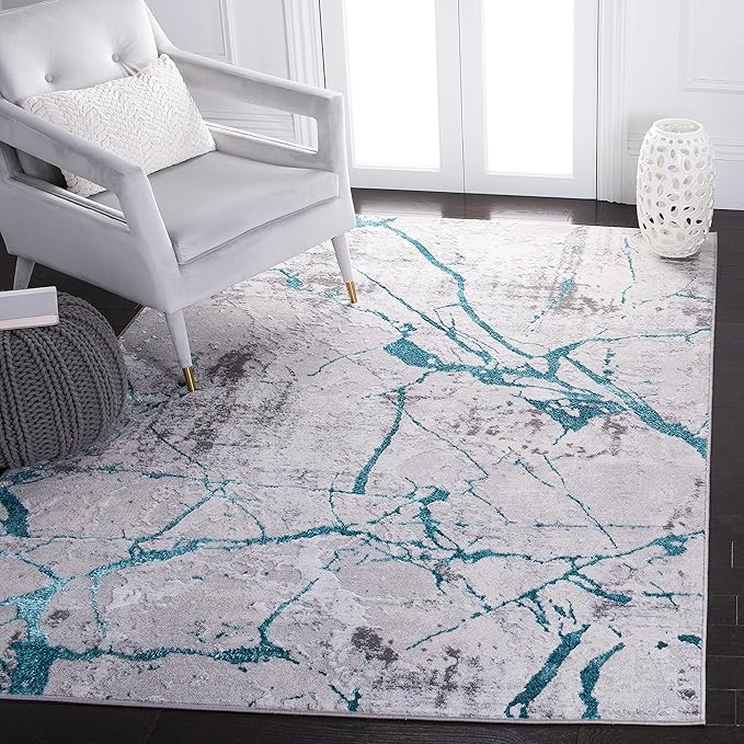 SAFAVIEH Amelia Collection Area Rug - 6' x 9', Grey & Aqua, Modern Abstract Design, Non-Shedding & Easy Care, Ideal for High Traffic Areas in Living Room, Bedroom (ALA293H)