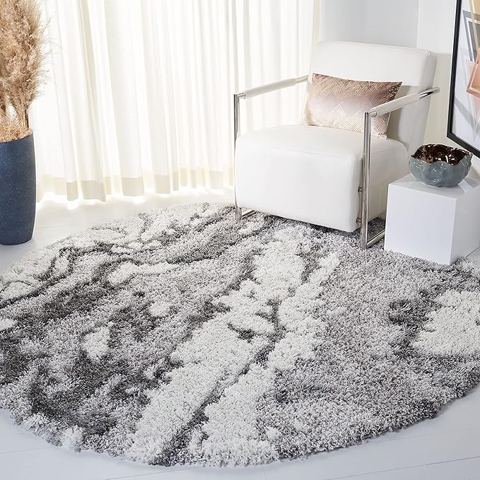 SAFAVIEH Horizon Shag Collection Area Rug - 8' Round, Grey & Ivory, Modern Abstract Design, Non-Shedding & Easy Care, 2-inch Thick Ideal for High Traffic Areas in Living Room, Bedroom (HZN890F)