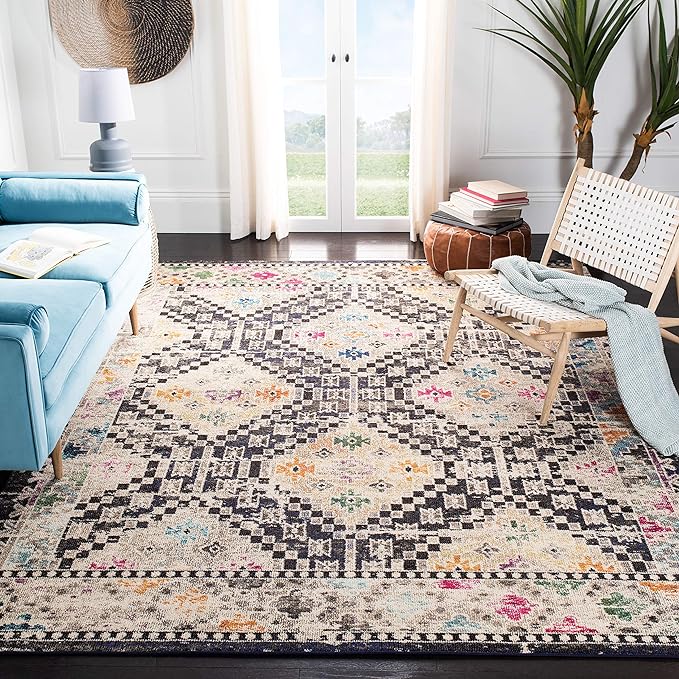 SAFAVIEH Madison Collection Area Rug - 6'7" Square, Black & Yellow, Boho Diamond Distressed Design, Non-Shedding & Easy Care, Ideal for High Traffic Areas in Living Room, Bedroom (MAD418Z)