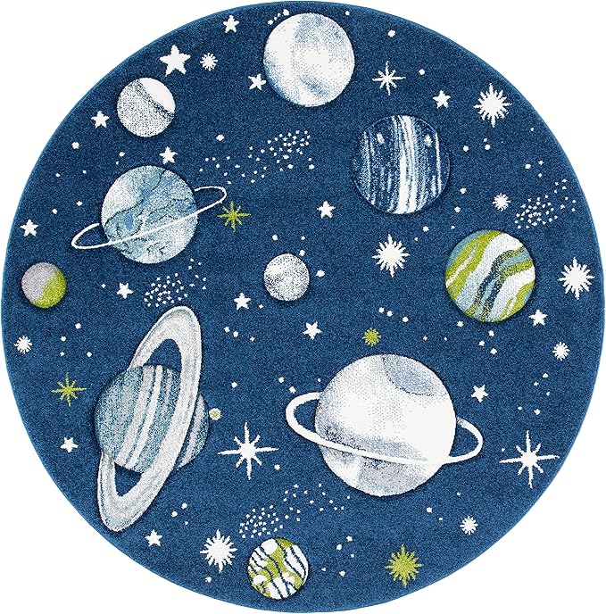 SAFAVIEH Carousel Kids Collection 6'7" Round Navy/Ivory CRK103N Outer Space Non-Shedding Playroom Nursery Bedroom Area Rug
