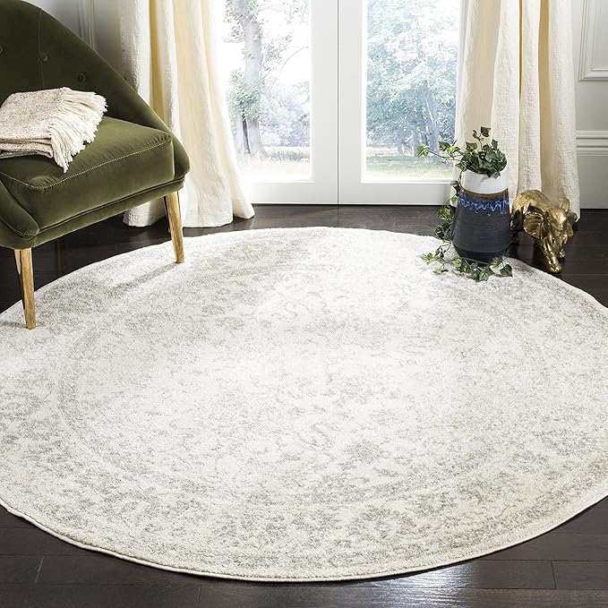 SAFAVIEH Adirondack Collection Area Rug - 11' Round, Ivory & Silver, Distressed Vintage Floral Design, Non-Shedding & Easy to Clean, Ideal for Living Room, Bedroom, Dining Space (ADR109C)