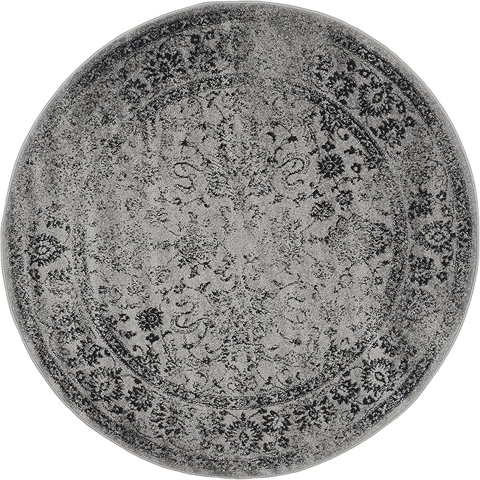 SAFAVIEH Adirondack Collection Area Rug - 4' Round, Grey & Black, Distressed Vintage Floral Design, Non-Shedding & Easy to Clean, Ideal for Living Room, Bedroom, Dining Space (ADR109B)
