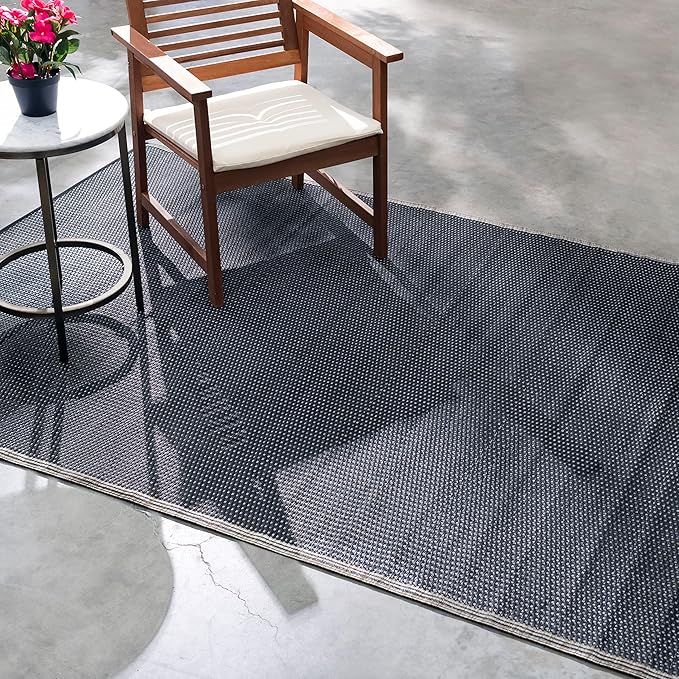 Fab Habitat Striped Neutral Outdoor Rug - Waterproof, Fade Resistant, Crease-Free, Reversible - Premium Recycled Plastic - Patio Porch Balcony Deck - Cancun Shadow SandBlack - 8x10 ft