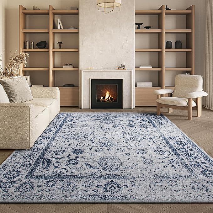 SAFAVIEH Area Rug 8x10 - Adirondack Collection - Large - Grey & Navy, Distressed Vintage Floral Design, Non-Shedding & Easy to Clean, Ideal for Living Room, Bedroom, Dining Space (ADR109P)