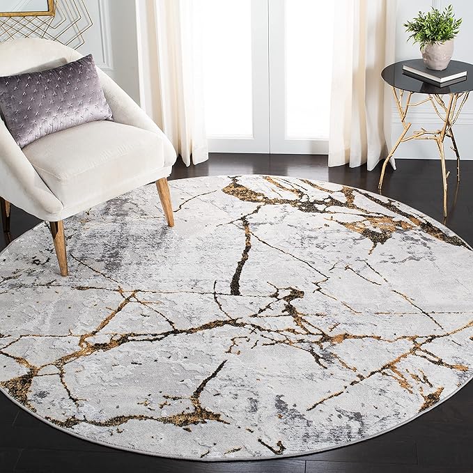 SAFAVIEH Amelia Collection 8' Round Grey/Gold ALA293G Modern Abstract Non-Shedding Living Room Dining Bedroom Foyer Area Rug
