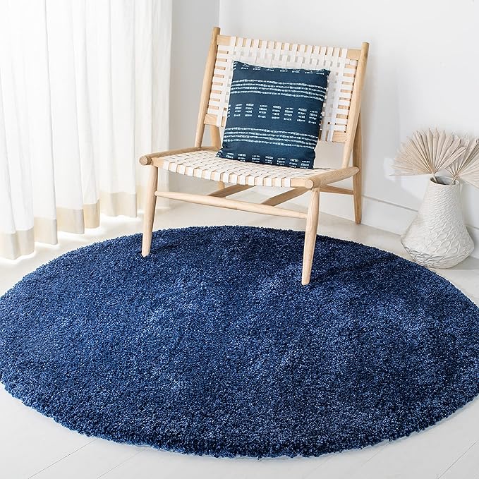 SAFAVIEH Milan Shag Collection 7' Round Navy SG180 Solid Non-Shedding Living Room Bedroom Dining Room Entryway Plush 2-inch Thick Area Rug