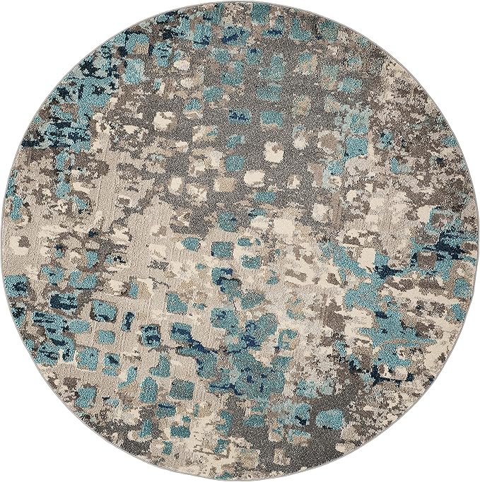 SAFAVIEH Monaco Collection Area Rug - 6'7" Round, Grey & Light Blue, Boho Chic Abstract Watercolor Design, Non-Shedding & Easy Care, Ideal for High Traffic Areas in Living Room, Bedroom (MNC225E)