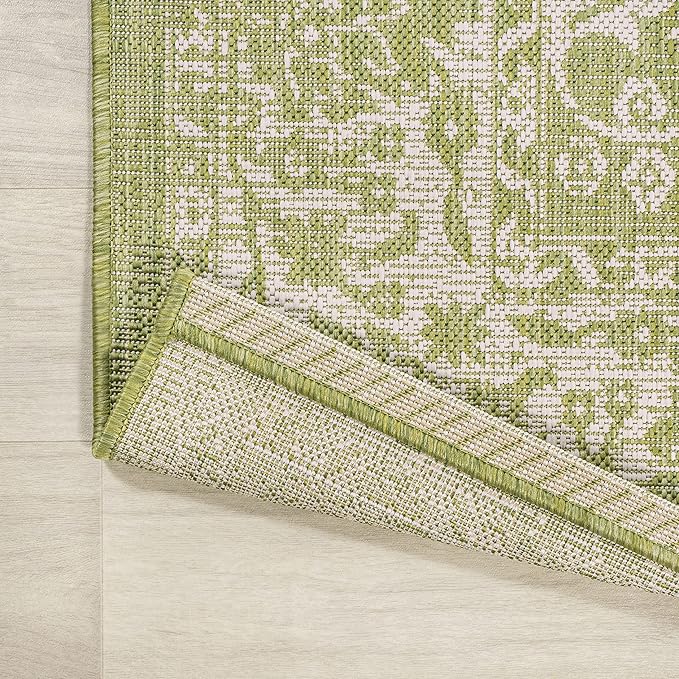 JONATHAN Y Weave Floral Indoor Outdoor Square Area Rug 5X5 Green/Cream, Tela Bohemian Textured for Backyard, Patio, Porch, Easy-Cleaning, High Traffic, Pet-Friendly, Non-Shedding (SMB100D-5SQ)