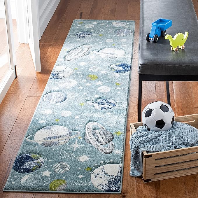 SAFAVIEH Carousel Kids Collection Runner Rug - 2'3" x 12', Teal & Ivory, Non-Shedding & Easy Care, Ideal for High Traffic Areas for Boys & Girls in Playroom, Nursery, Bedroom (CRK103J)