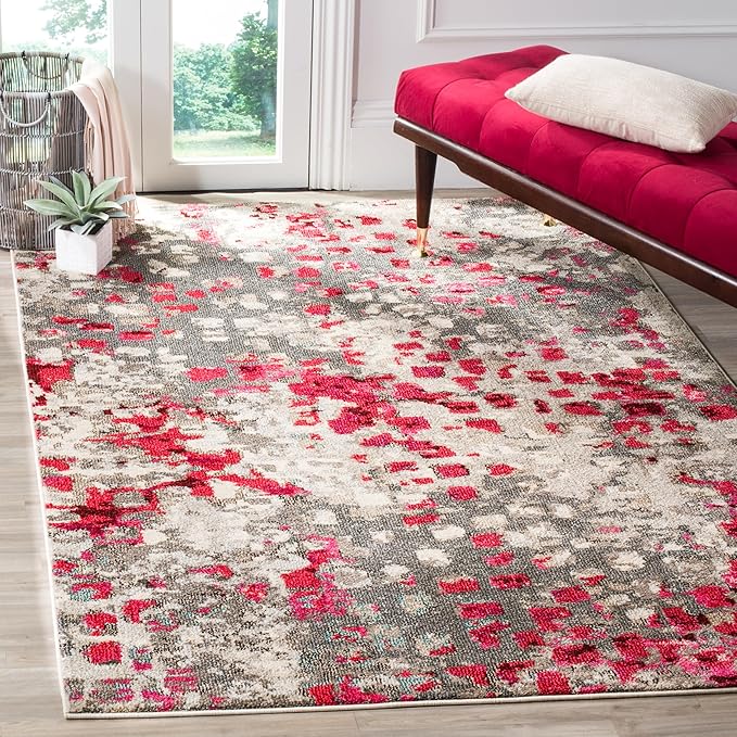 SAFAVIEH Monaco Collection Area Rug - 6'7" x 9'2", Grey & Fuchsia, Boho Chic Abstract Watercolor Design, Non-Shedding & Easy Care, Ideal for High Traffic Areas in Living Room, Bedroom (MNC225R)
