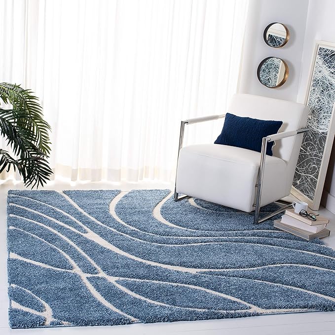 SAFAVIEH Florida Shag Collection Area Rug - 5' Square, Light Blue & Cream, Non-Shedding & Easy Care, 1.2-inch Thick Ideal for High Traffic Areas in Living Room, Bedroom (SG471-6011)