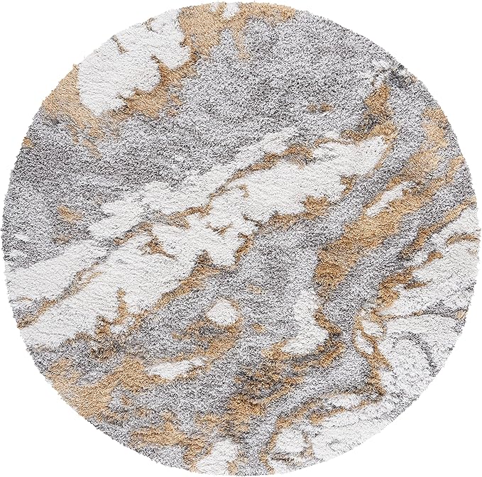 SAFAVIEH Horizon Shag Collection Area Rug - 10' Round, Grey & Gold, Modern Abstract Design, Non-Shedding & Easy Care, 2.6-inch Thick Ideal for High Traffic Areas in Living Room, Bedroom (HZN890D)