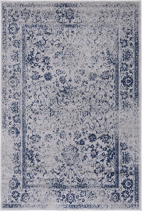 SAFAVIEH Area Rug 4x6 - Adirondack Collection - Grey & Navy, Distressed Vintage Floral Design, Non-Shedding & Easy to Clean, Ideal for Living Room, Bedroom, Dining Space (ADR109P)