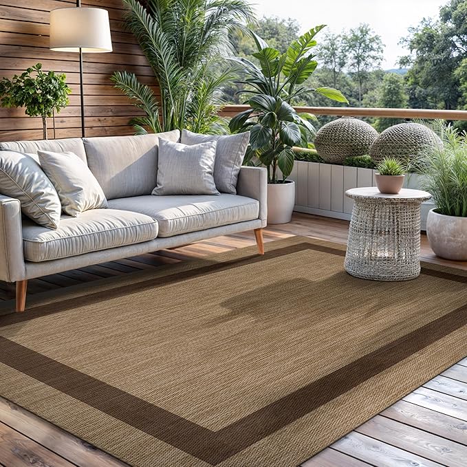 CAMILSON Outdoor Rug 5x7 - Modern Outside Rugs for Patios Porches Waterproof Durable Washable Non-Shedding, Easy-to-Clean Indoor Outdoor Area Carpet (5 x 7, Bordered - Jute)