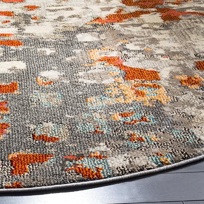SAFAVIEH Monaco Collection Area Rug - 5' Round, Grey & Orange, Boho Chic Abstract Watercolor Design, Non-Shedding & Easy Care, Ideal for High Traffic Areas in Living Room, Bedroom (MNC225H)