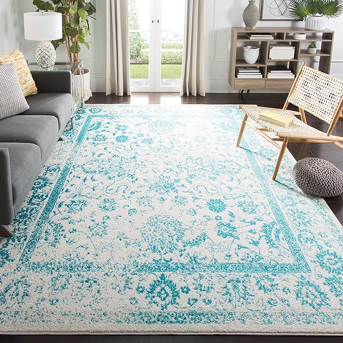 SAFAVIEH Adirondack Collection Area Rug - 6' Square, Ivory & Teal, Distressed Vintage Floral Design, Non-Shedding & Easy to Clean, Ideal for Living Room, Bedroom, Dining Space (ADR109D)