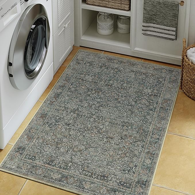 Entryway Area Rug 2x3 Grey Gray Washable Vintage Carpet Non Slip Indoor Kitchen Door Mat Retro Traditional Entrance Accent Throw Small Rug for Bathroom Office Bedroom Dining Living Room