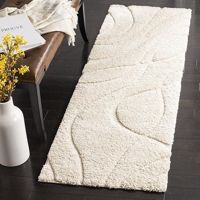 SAFAVIEH Florida Shag Collection Runner Rug - 2'3" x 17', Creme & Creme, Striped Design, Plush 1.2-inch Thick, Ideal for High Traffic Areas in Living Room, Bedroom, Dining (SG471-1111-217)