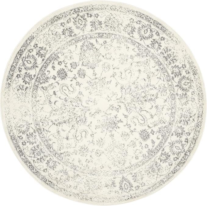 SAFAVIEH Adirondack Collection Area Rug - 8' Round, Ivory & Silver, Distressed Vintage Floral Design, Non-Shedding & Easy to Clean, Ideal for Living Room, Bedroom, Dining Space (ADR109C)