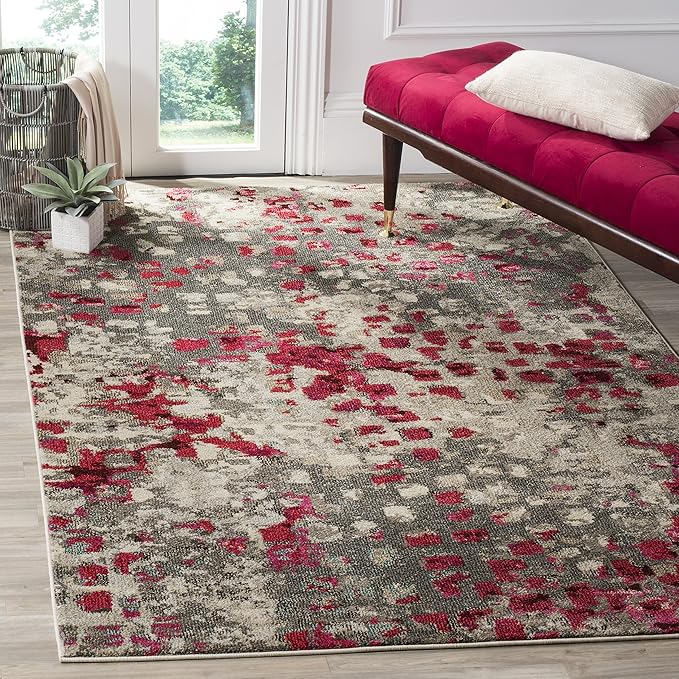 SAFAVIEH Monaco Collection Accent Rug - 3' x 5', Grey & Fuchsia, Abstract Watercolor Design, Non-Shedding & Easy Care, Ideal for High Traffic Areas in Entryway, Living Room, Bedroom (MNC225R)