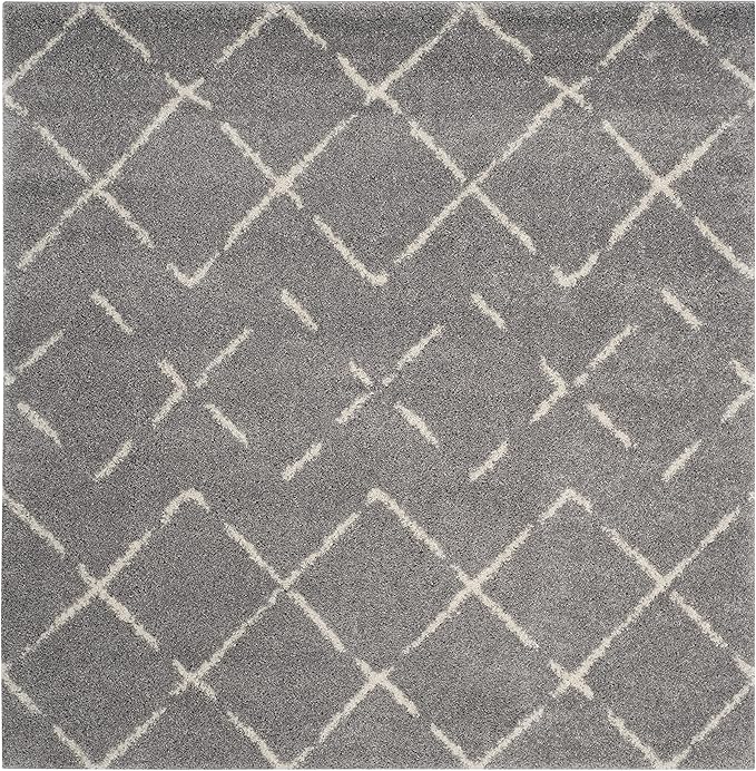 SAFAVIEH Arizona Shag Collection Area Rug - 6'7" Square, Grey & Ivory, Moroccan Design, Non-Shedding & Easy to Clean, Ideal for Living Room, Bedroom, Dining Space (ASG743D)