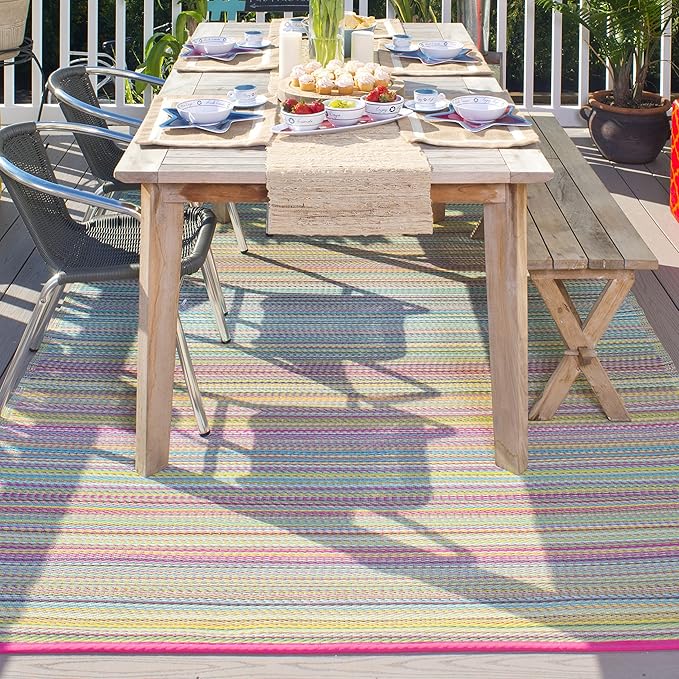 Fab Habitat Outdoor Rug - Waterproof, Fade Resistant, Crease-Free - Premium Recycled Plastic - Striped - Patio, Porch, Deck, Balcony - Cancun - Candy - 5 x 8 ft