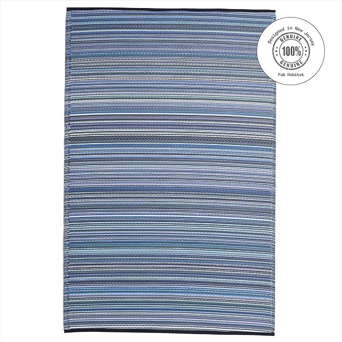 Fab Habitat Outdoor Rug - Waterproof, Fade Resistant, Crease-Free - Premium Recycled Plastic - Striped - Patio, Deck, Porch, Balcony, Laundry Room - Cancun - Indigo - 4 x 6 ft