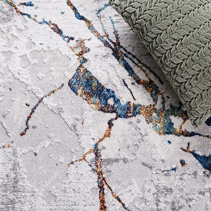 SAFAVIEH Amelia Collection Area Rug - 5' Round, Grey & Blue Gold, Modern Abstract Design, Non-Shedding & Easy Care, Ideal for High Traffic Areas in Living Room, Bedroom (ALA293M)