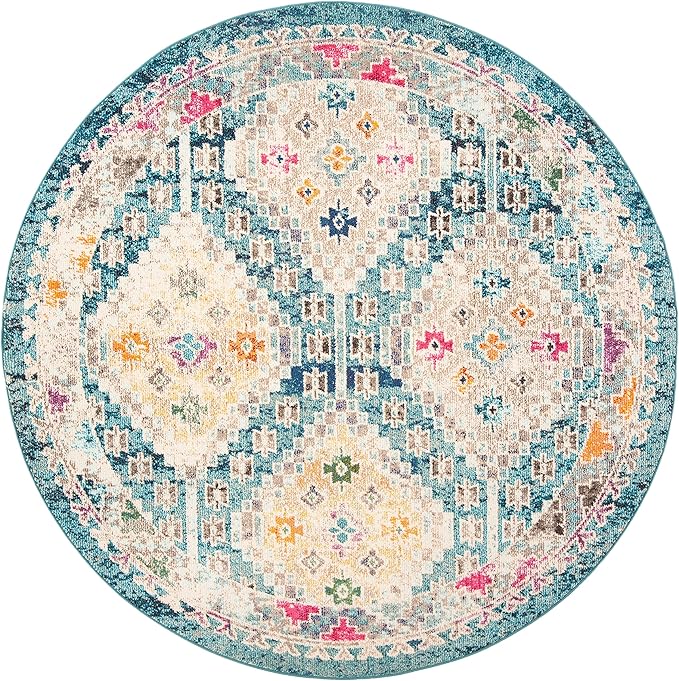 SAFAVIEH Madison Collection 3' Round Dark Blue / Yellow MAD418N Boho Diamond Distressed Non-Shedding Dining Room Entryway Foyer Living Room Bedroom Area Rug