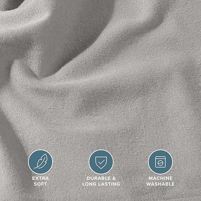 Bare Home Flannel Fitted Bottom Sheet 100% Cotton, Velvety Soft Heavyweight - Double Brushed Flannel - Deep Pocket (Queen, Light Grey)