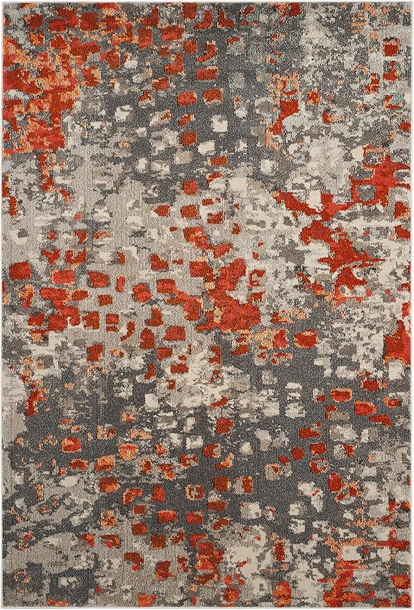 SAFAVIEH Monaco Collection Area Rug - 6'7" x 9'2", Grey & Orange, Boho Chic Abstract Watercolor Design, Non-Shedding & Easy Care, Ideal for High Traffic Areas in Living Room, Bedroom (MNC225H)