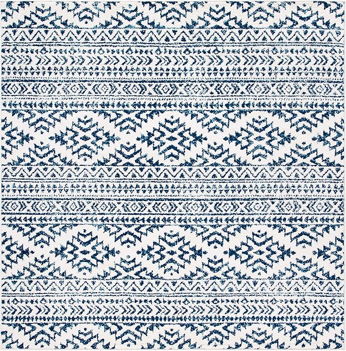 SAFAVIEH Tulum Collection Area Rug - 8' Square, Ivory & Navy, Moroccan Boho Tribal Design, Non-Shedding & Easy to Clean, Ideal for Living Room, Bedroom, Dining Space (TUL272D)