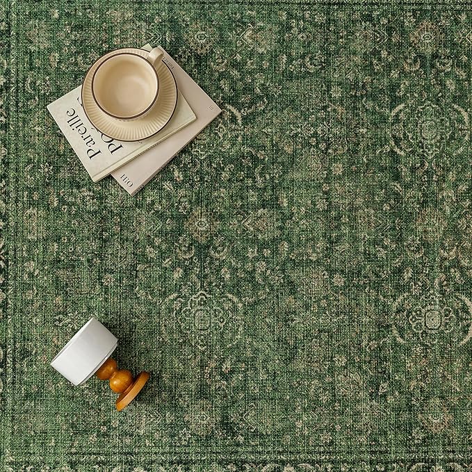 Vintage Area Rug 6x9 Washable Green Living Room Carpet Large Indoor Non Slip Bedroom Low Pile Kitchen Distressed Retro Accent Throw Rug for Dining Room