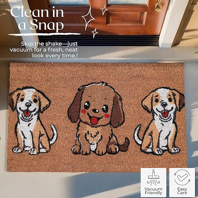 Coir Door Mats 17" X 30", Non-Slip Sturdy, PVC Backed Heavy Duty, Easy to Clean, Ideal for Door Entrance, Patio, Porch, Backyard, Garages, The 3 Cute Musketeer Puppies