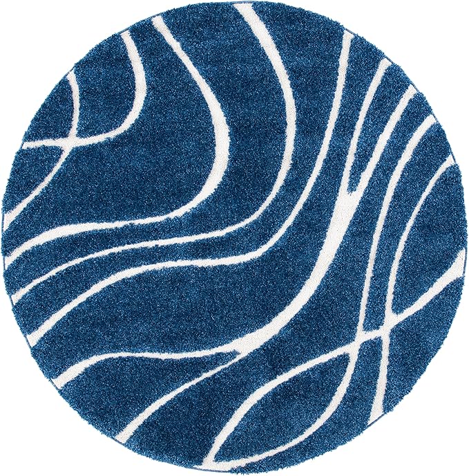 SAFAVIEH Florida Shag Collection Area Rug - 4' Round, Navy & Ivory, Non-Shedding & Easy Cleaning, Plush Thick Pile, Ideal for Living Room, Bedroom, Dining Space (SG471-6512)
