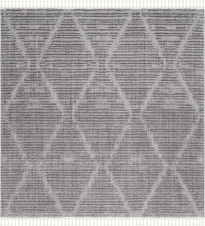 SAFAVIEH Marrakesh Collection Area Rug - 5' Square, Grey, Moroccan Boho Tribal Tassel Design, Non-Shedding & Easy Care, Ideal for High Traffic Areas in Living Room, Bedroom (MRK517F)