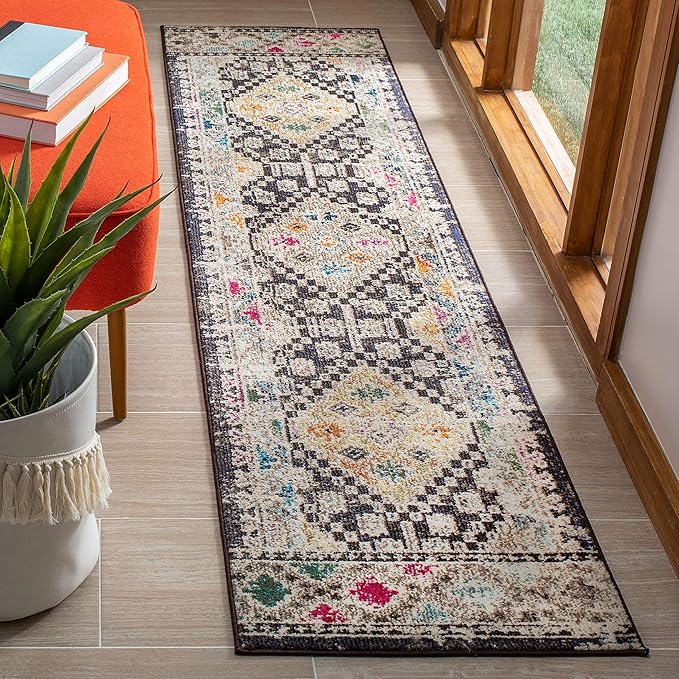 SAFAVIEH Madison Collection Runner Rug - 2'2" x 20', Black & Yellow, Boho Diamond Distressed Design, Non-Shedding & Easy Care, Ideal for High Traffic Areas in Living Room, Bedroom (MAD418Z)