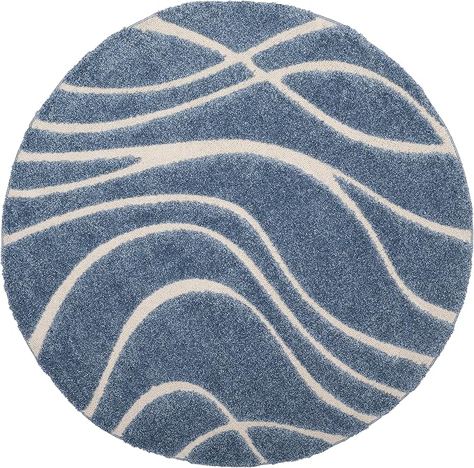 SAFAVIEH Florida Shag Collection 8' Round Light Blue/Cream SG471 Abstract Wave Non-Shedding Living Room Bedroom 1.2-inch Thick Area Rug