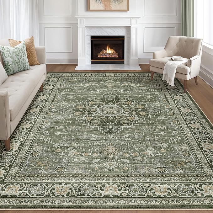 10x14 Area Rugs Living Room: Washable Boho Large Neutral Vintage Soft Rug Stain Resistant Farmhouse Non Slip Indoor Floor Carpet for Bedroom Nursery Kids Playroom Office Dining Room- Dark Green
