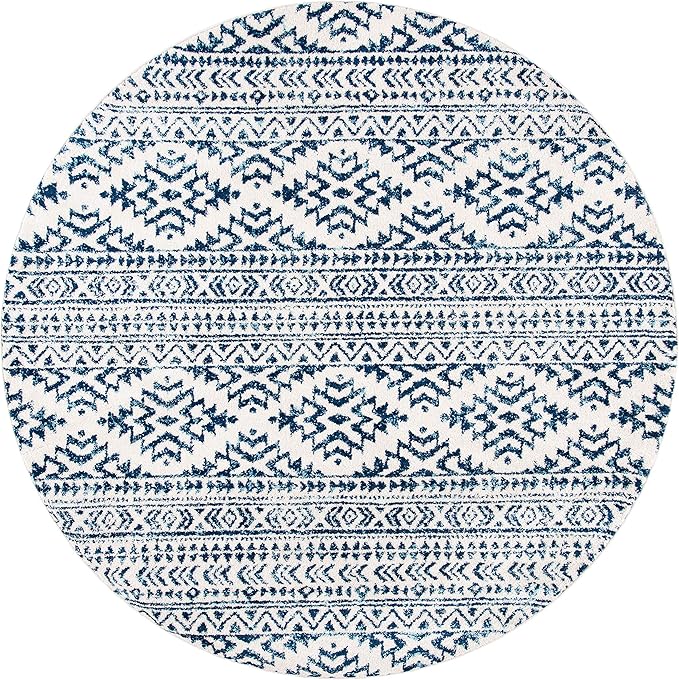 SAFAVIEH Tulum Collection Area Rug - 8' Round, Ivory & Navy, Moroccan Boho Tribal Design, Non-Shedding & Easy to Clean, Ideal for Living Room, Bedroom, Dining Space (TUL272D)