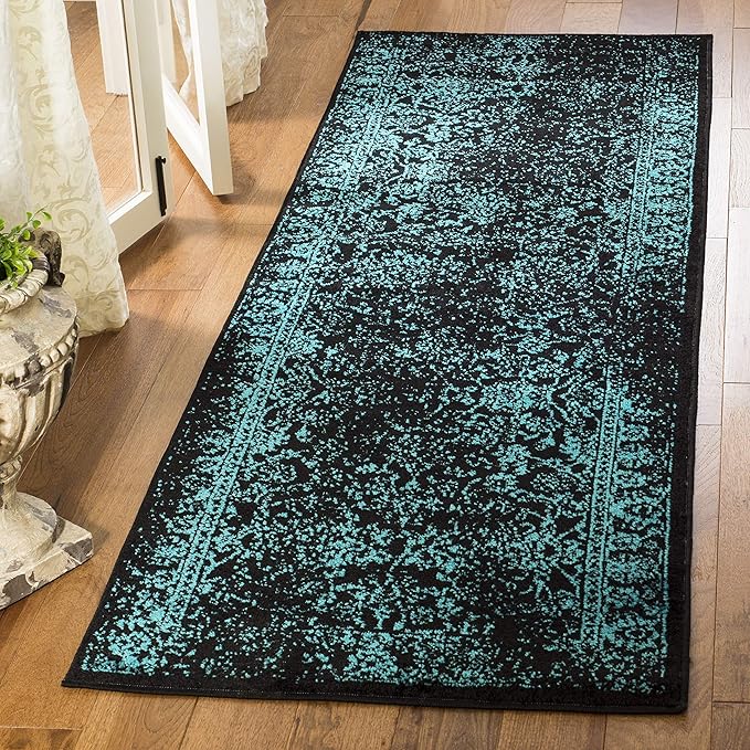 SAFAVIEH Adirondack Collection Runner Rug - 2'6" x 14', Black & Teal, Distressed Vintage Floral Design, Non-Shedding & Easy to Clean, Ideal for Hallway, Foyer, Entryway, Bedroom (ADR109K)