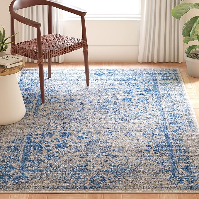 SAFAVIEH Adirondack Collection Area Rug - 4' Square, Grey & Blue, Distressed Vintage Floral Design, Non-Shedding & Easy to Clean, Ideal for Living Room, Bedroom, Dining Space (ADR109A)